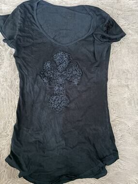 Vintage Y2K Affliction Rhinestone Cross Washed Blue Tee. Rare, Grt. Shape